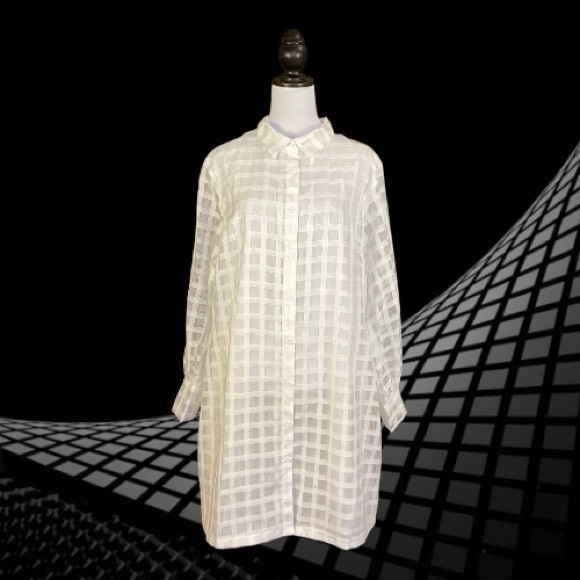 Boohoo Dresses & Skirts - Boohoo NWT White Sheer Grid Check Long Sleeve Tunic Shirt Dress Size 14